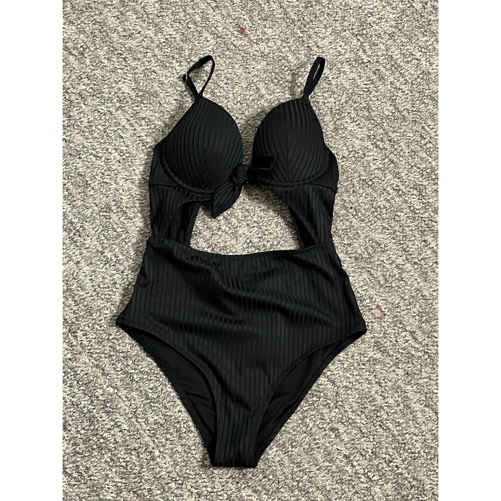 Women's Shore Light Lift Ribbed Tie Front Cut Out One Piece Swimsuit 34B black - Picture 2 of 13